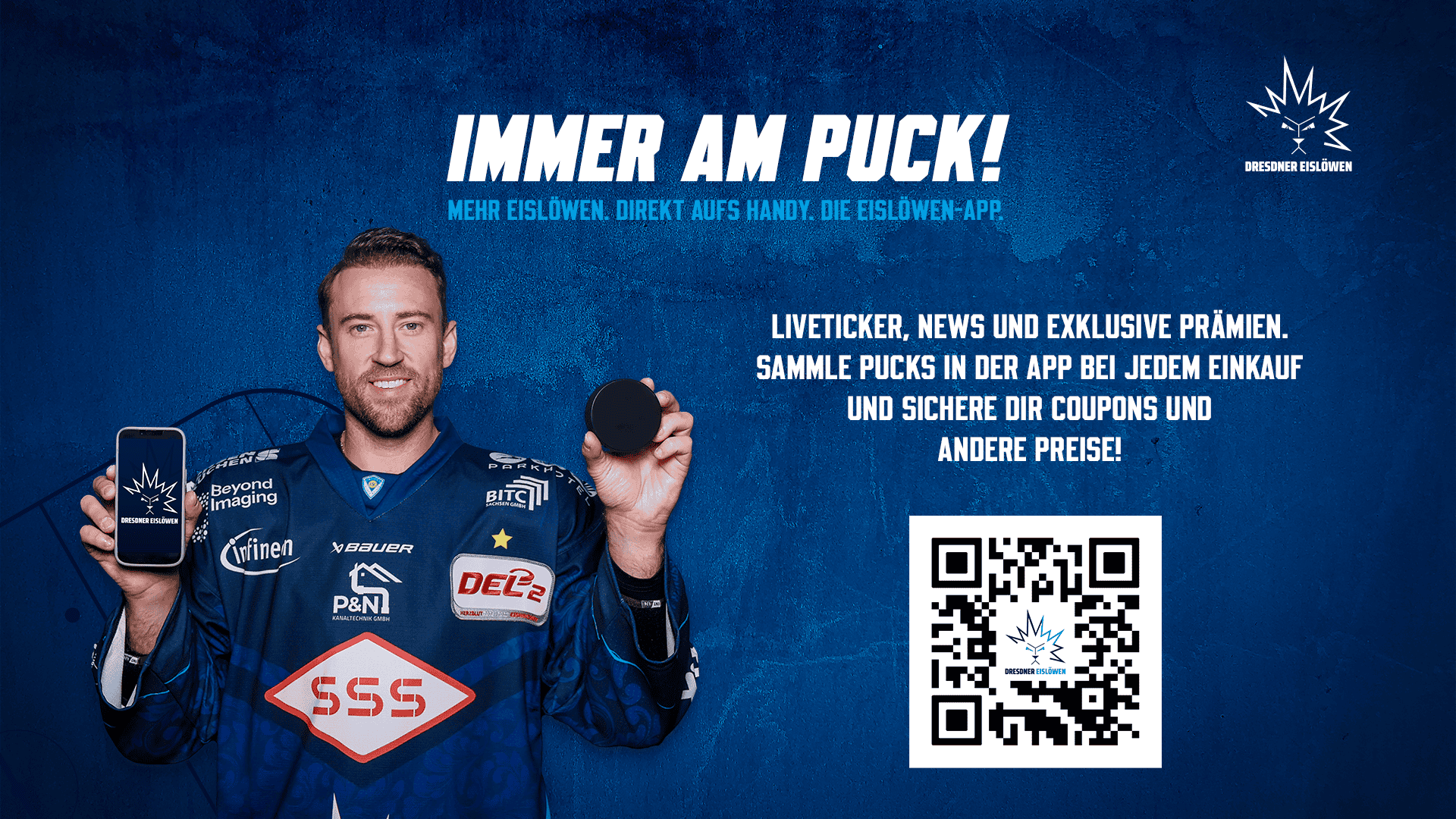 Werbebild der Eislöwen-App: Spieler mit Puck, Hinweis auf das Sammeln von Pucks und QR-Code zur App